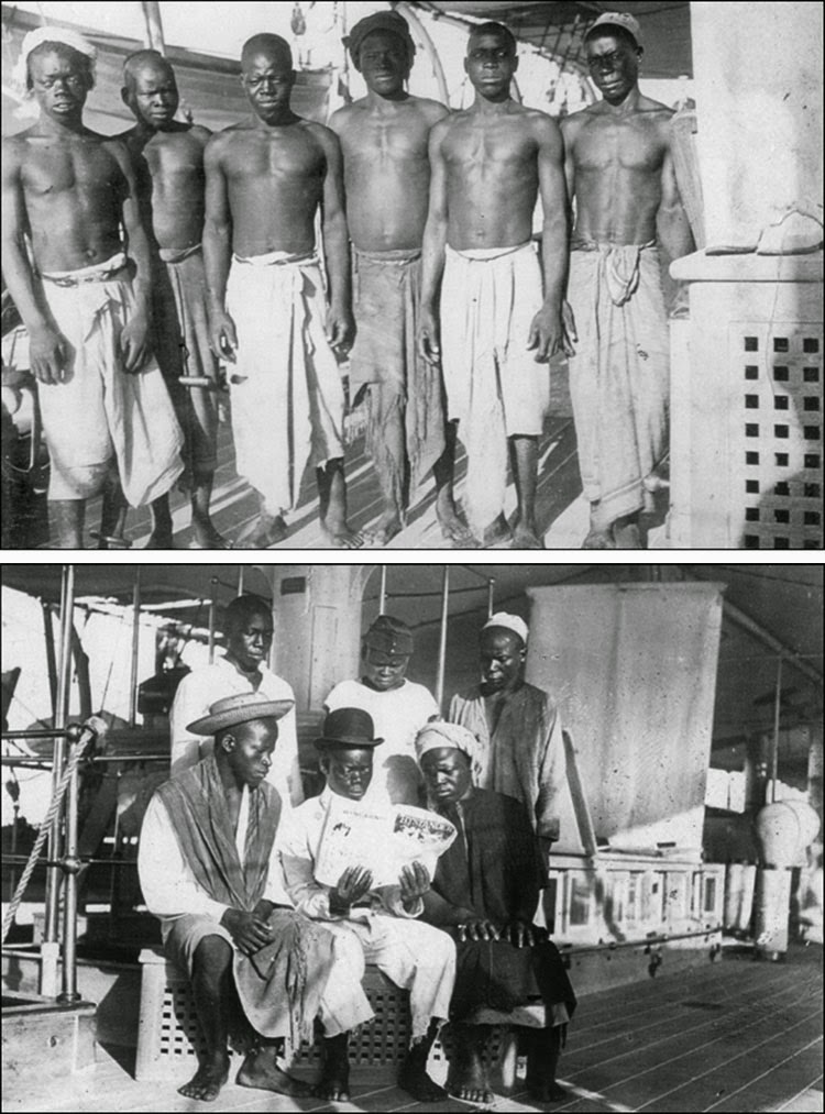 The saved slaves on board of HMS Sphinx. The crew gave them new clothes (second photos).